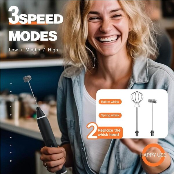 OZNALA USB Rechargeable Electric Milk Frother Drink Foamer Mixer Egg Beater Tool Three Adjustable Speeds 2 Replaceable Whisks for Coffee Lattes Cappuccino Matcha Hot Chocolate Creamer Black