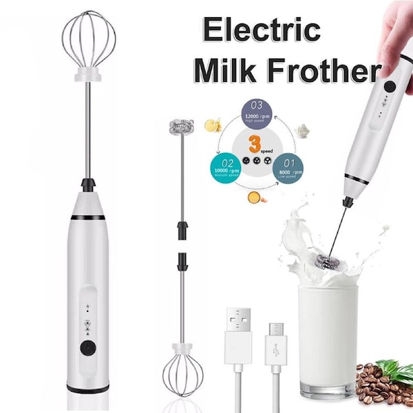 Rechargeable Milk Frother Interchangeable Stirrer Rods Portable Hand Mixer White