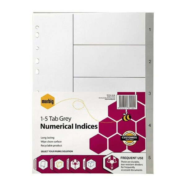 Marbig Indices & Dividers 1-5 Tab Pp A4 Grey