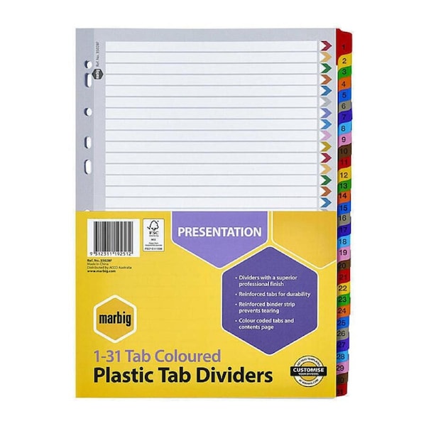 Marbig Indices & Dividers 1-31 Tab Reinf A4 Colour
