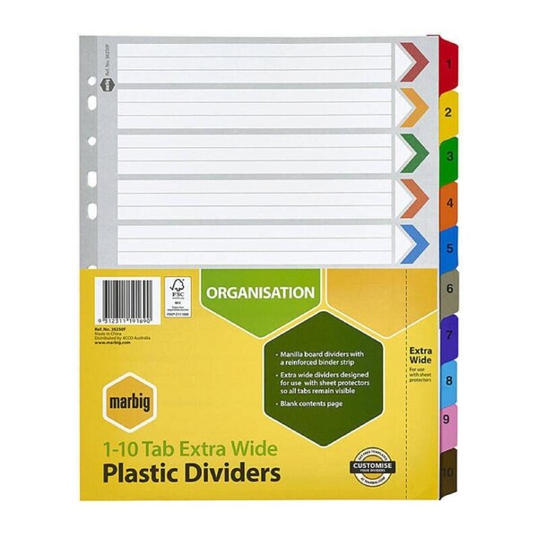 Marbig Indices & Divider 1-10 Tab Manilla A4 XWide