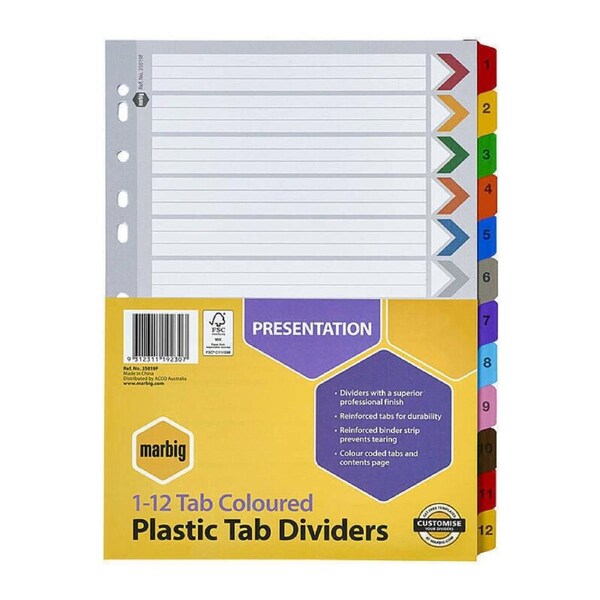 Marbig Indices & Dividers 1-12 Tab Reinf A4 Colour