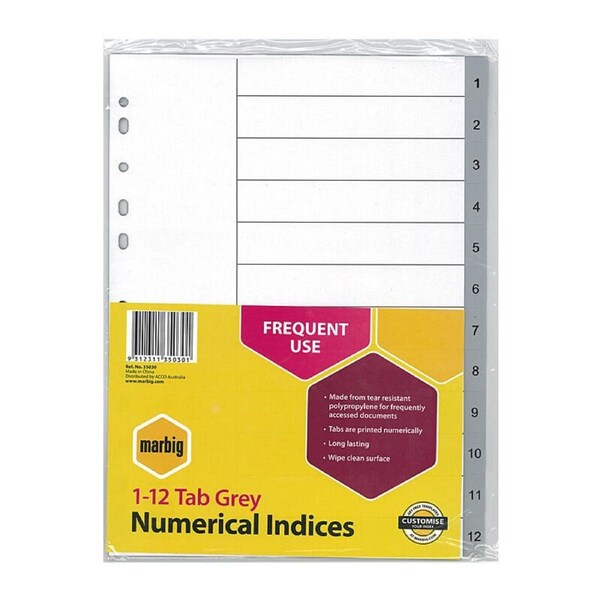 Marbig Indices & Dividers 1-12 Tab Pp A4 Grey
