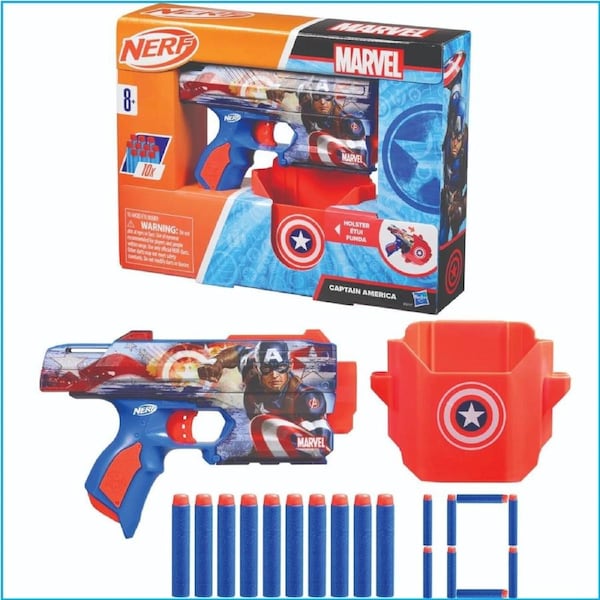 Nerf Marvel Captain America Dart Blaster 10 Elite Darts Holster Foam Toy Ages 8+