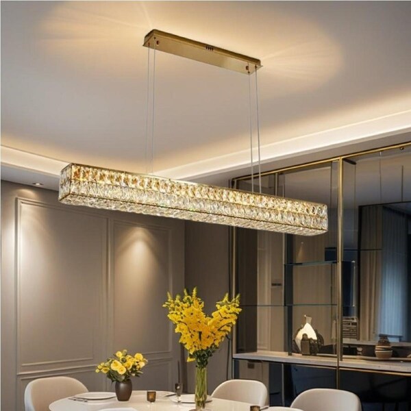 BAMDECOR 1.2m C3332/L Linear Luxury Crystal Chandelier Modern LED Crystal Chandelier LED Ring Pendant Light Stainless Steel Ceiling Lamp Hanging Lights,for Dining Living Room (Gold)