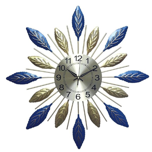 Salesbay 55cm Silent Wall Clock Metal Leaf Design Blue Gold Modern Home Decor