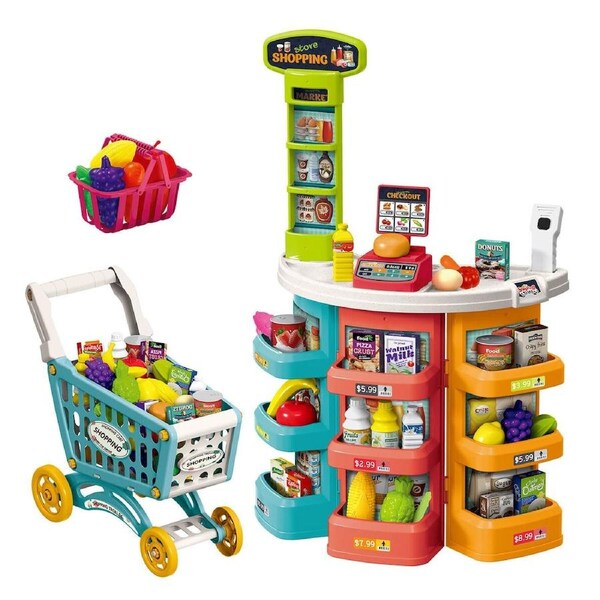 Kids Pretend Play Toys Set Market Shop Grocery Store Supermarket Playset Shopping Trolley Cash Register Scanner Stall Education Role Plays Food 76Pcs