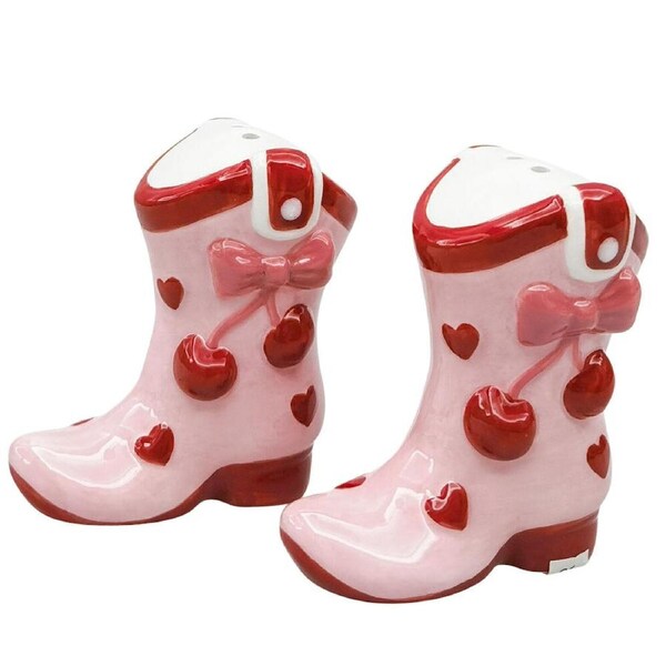 2pc Urban Ceramic Cherry Cowboy Boots Salt and Pepper Shakers Set 7cm Pink