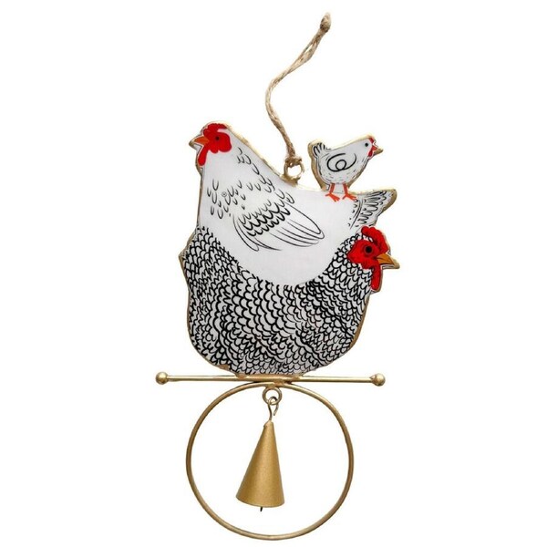 Urban Iron Chickens Hanging Bell Outdoor Garden Decor 18x12cm Black/White