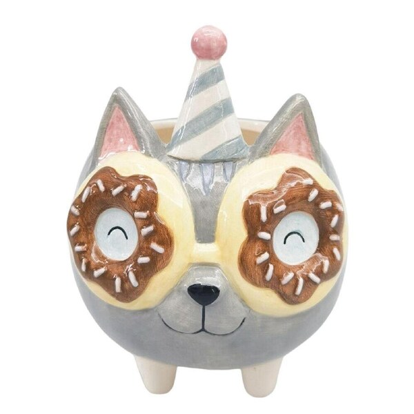 Urban Ceramic Donut Cat Outdoor Garden Planter Pot 15cm Grey