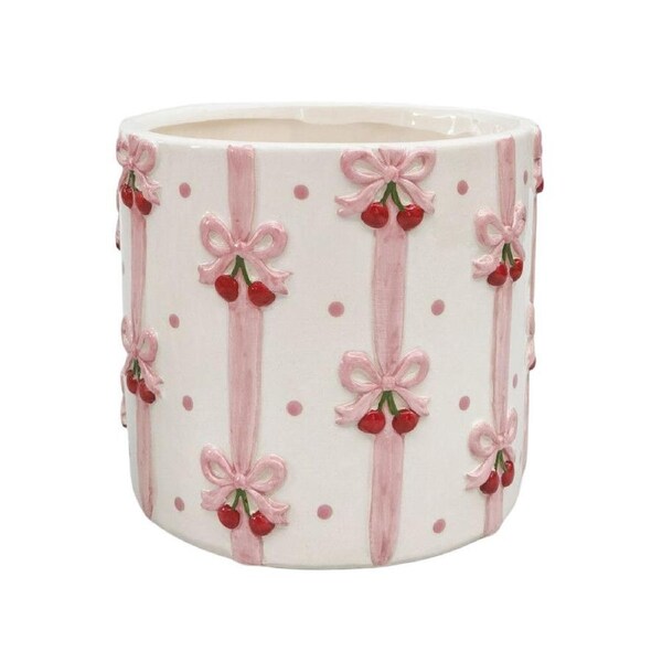 Urban Ceramic Cherry Bow Outdoor Garden Planter Pot 16cm Pink