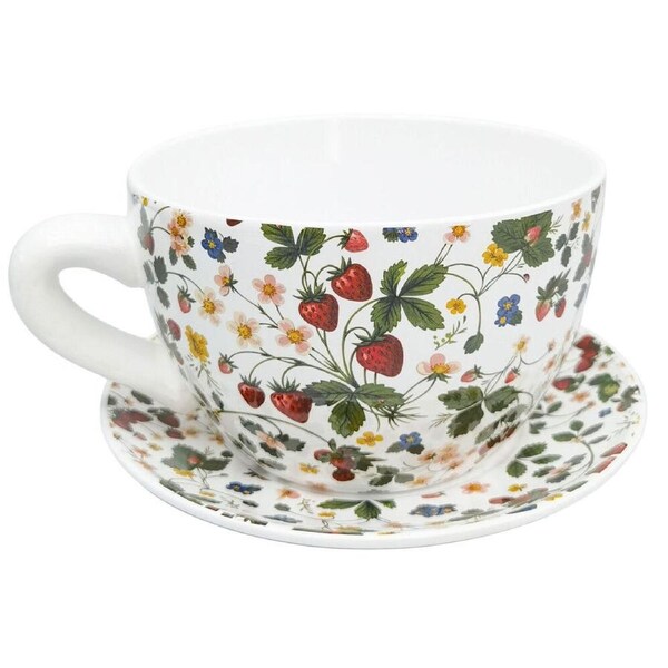 Urban Ceramic Strawberry Fields Tea Cup Outdoor Planter Pot 13x24cm Green/Red