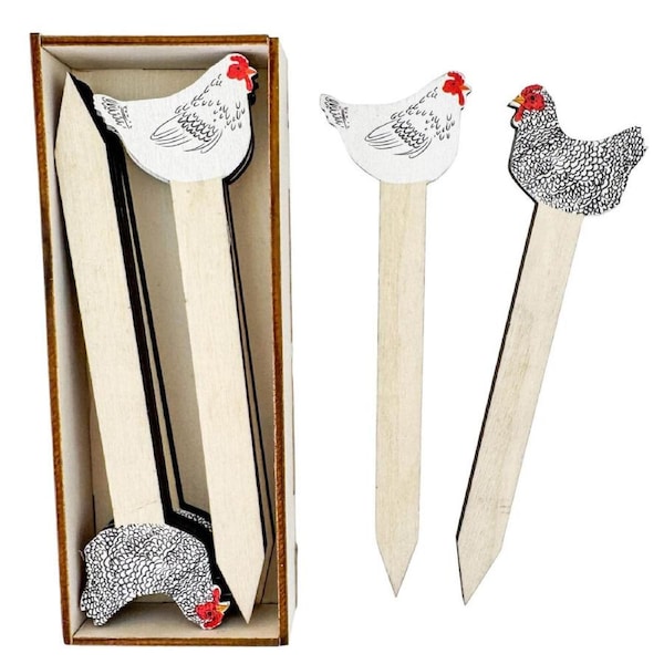8pc Urban Wooden Chicken Design Plant Markers Gift Box 14cm Black/White