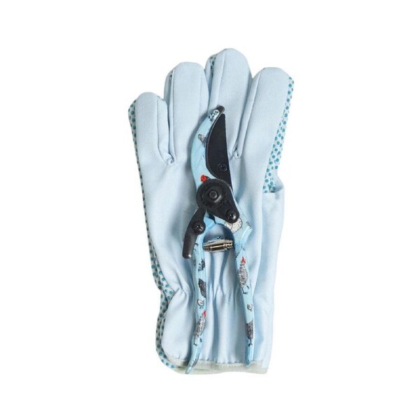 3pc Urban Chicken Friends Secateurs & Gardening Gloves Set 26cm Blue