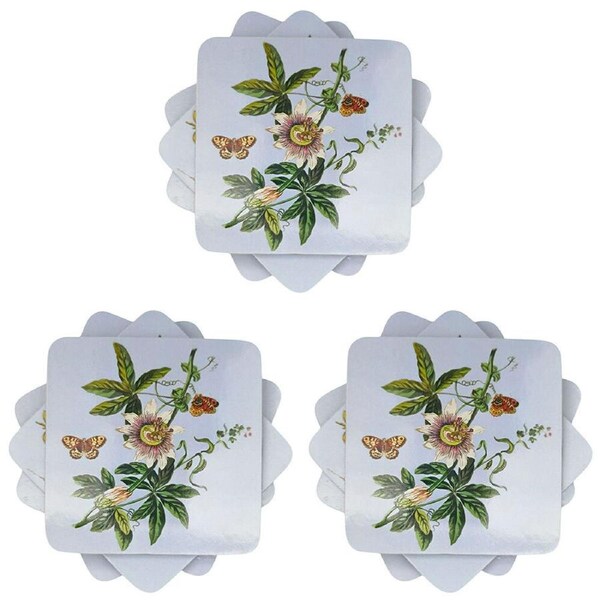 3x 4pc Urban Botanicals Floral Cork Wooden Coasters Set 10cm Blue