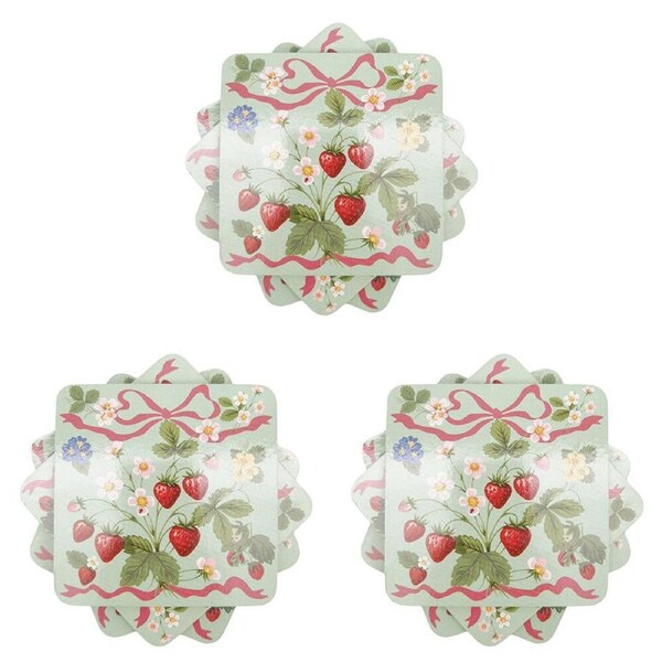 3x 4pc Urban Strawberry Field Cork Wooden Coasters Set 10cm Green/Pink