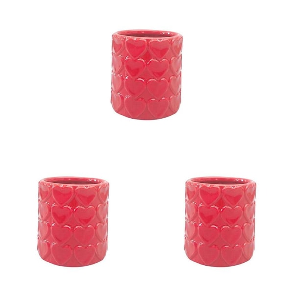 3PK Urban Ceramic Embossed Heart Outdoor Garden Planter Pot 13x9cm Red