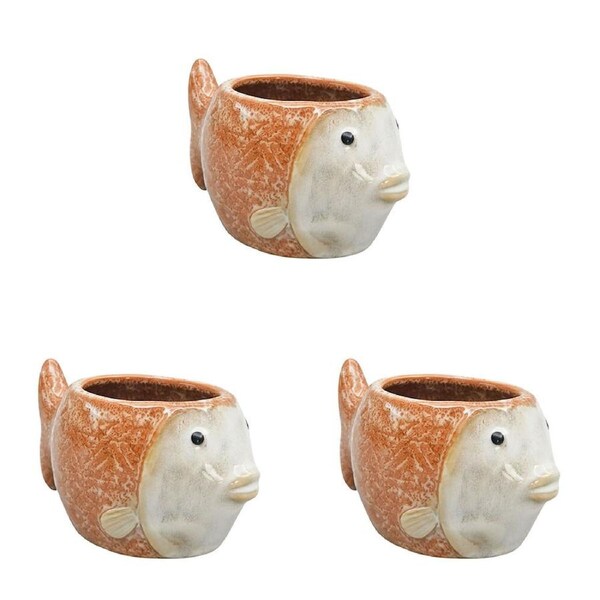 3PK Urban Ceramic Reef Fish Outdoor Garden Planter Pot 7x13cm Orange