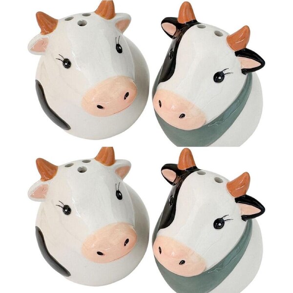 2x 2pc Urban Ceramic Cow Heads Salt and Pepper Shakers Set 8x7cm White/Black