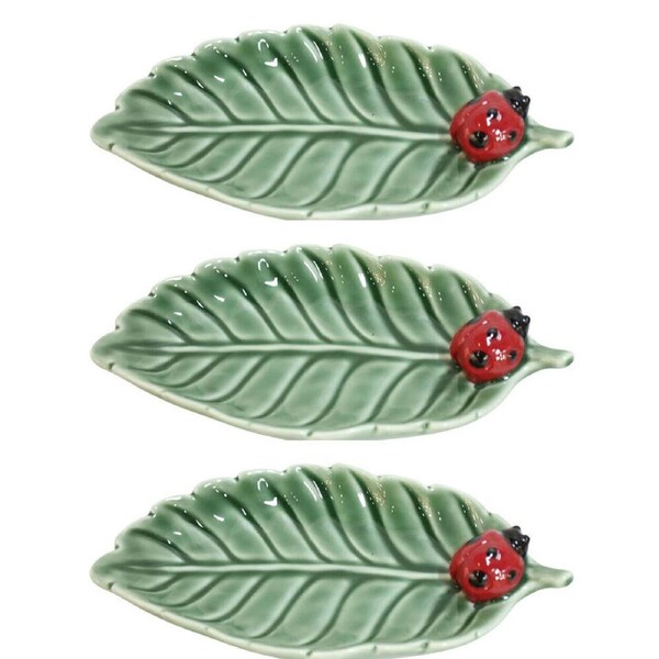 3PK Urban Ceramic Ladybug Leaf Decorative Trinket Dish 18x9cm Green/Red
