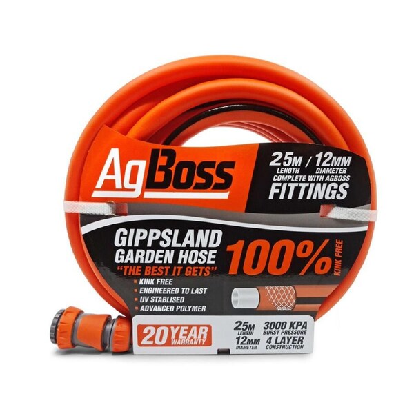 AgBoss Gippsland Non Kink Fitted Gardening Hose 12mmx25m Orange and Black