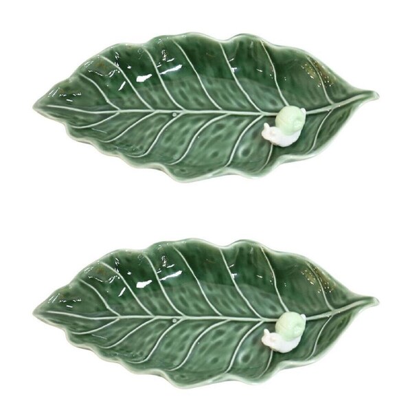 2PK Urban Ceramic Snail Leaf Decorative Trinket Dish 28x13cm Green