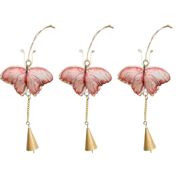 3PK Urban Iron Butterfly Hanging Bell Outdoor Garden Decor 18x10cm Pink