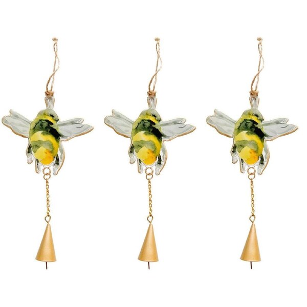 3PK Urban Iron Bee Hanging Bell Outdoor Garden Decor 18x10cm Black/Yellow