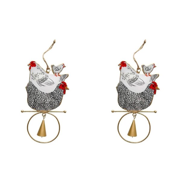 2PK Urban Iron Chickens Hanging Bell Outdoor Garden Decor 18x12cm Black/White