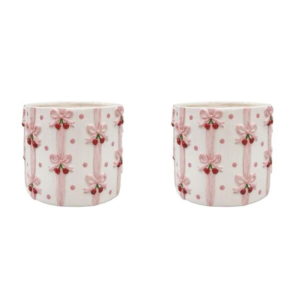 2PK Urban Ceramic Cherry Bow Outdoor Garden Planter Pot 13cm Pink