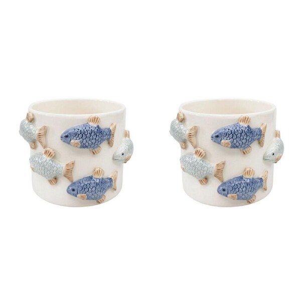 2PK Urban Ceramic School of Fish Outdoor Planter Pot 11x15cm Blue