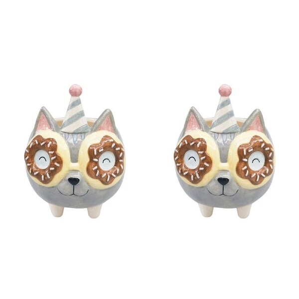 2PK Urban Ceramic Donut Cat Outdoor Garden Planter Pot 15cm Grey