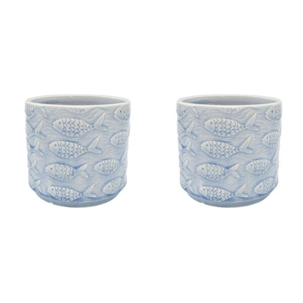 2PK Urban Fish Stoneware Outdoor Garden Planter Pot 14x13cm Blue