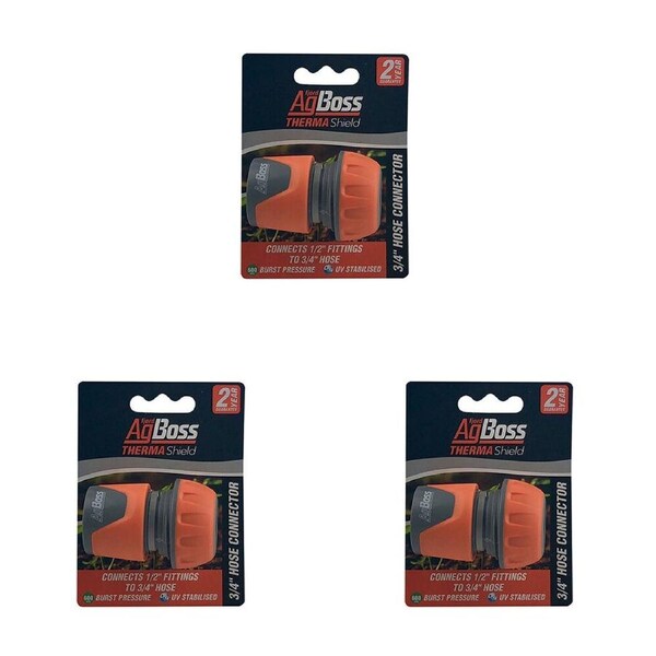 3PK AgBoss 1/2 Inch Connector To 3/4 Gardening Hose Orange and Black