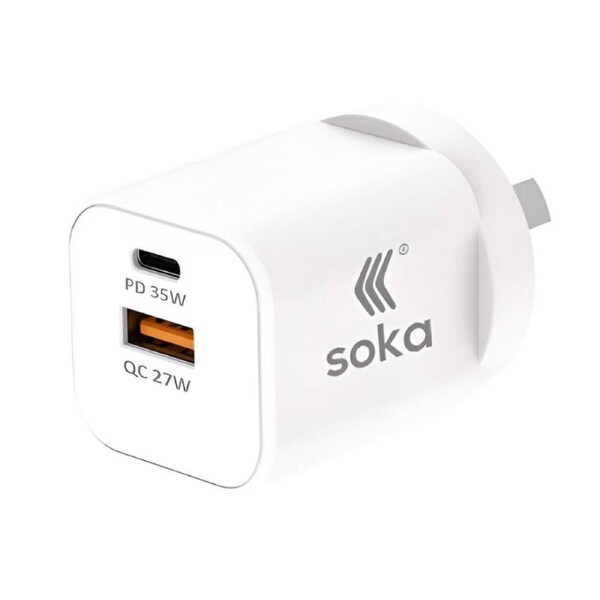 Soka Fast Wall Charger Gan3 35W USB-C PD + USB-A QC27W (Max 15W) - White