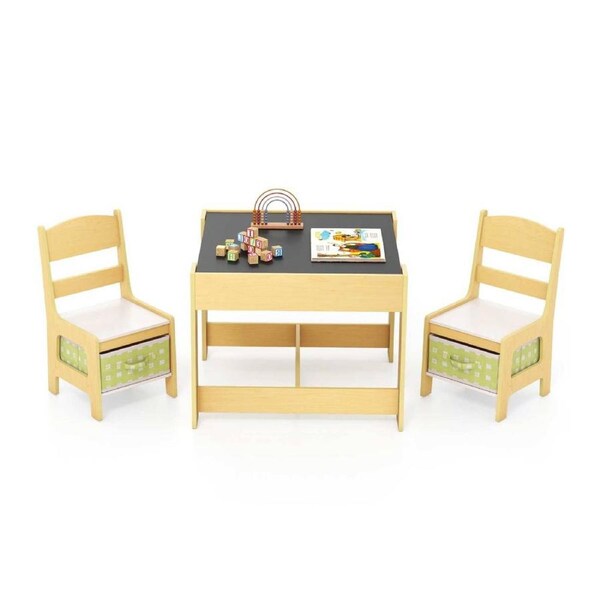 Babyjoy 3Pcs 3in1 Activity Table Chair Set Reversible w/Storage Drawers Building Block Play Center Xmas Play Study Drawing Gift Green