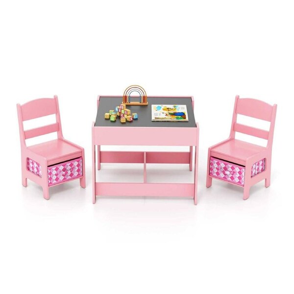 Babyjoy 3in1 Table Chairs Set Reversible Play Drawing Activity Table w/Storage Drawers Xmas Gift Building Block Play Center Pink+White