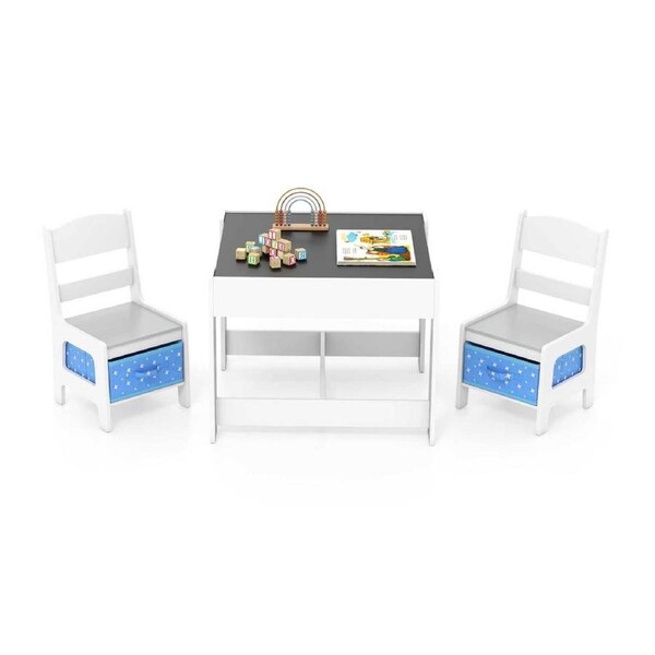 Babyjoy 3Pcs 3in1 Activity Table Chair Set Reversible w/Storage Drawers Building Block Play Center Xmas Play Study Drawing Gift Blue