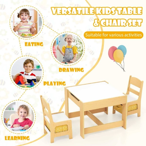 Babyjoy 3in1 Table Chairs Set Reversible Play Drawing Activity Table w/Storage Drawers Xmas Gift Building Block Play Center Natural+Yellow