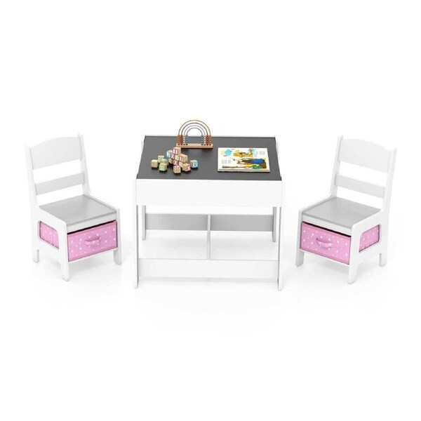 Giantex 3in1 Table Chairs Set Reversible Play Drawing Activity Table w/Storage Drawers Xmas Gift Play Center Grey+Pink
