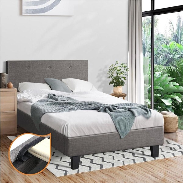 Oikiture Bed Frame Queen Double King Single Bed Platform Wooden Fabric Grey Single