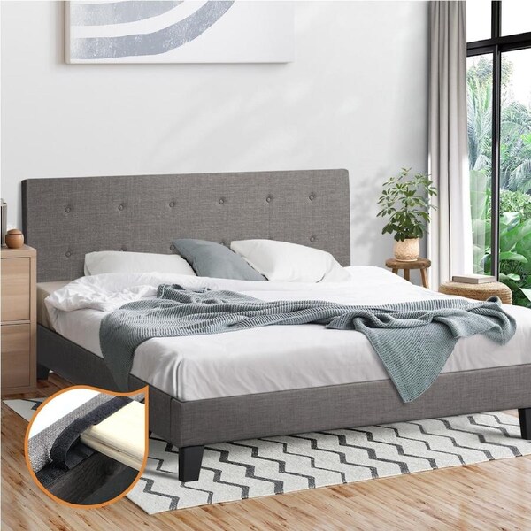 Oikiture Bed Frame Queen Double King Single Bed Platform Wooden Fabric Grey King