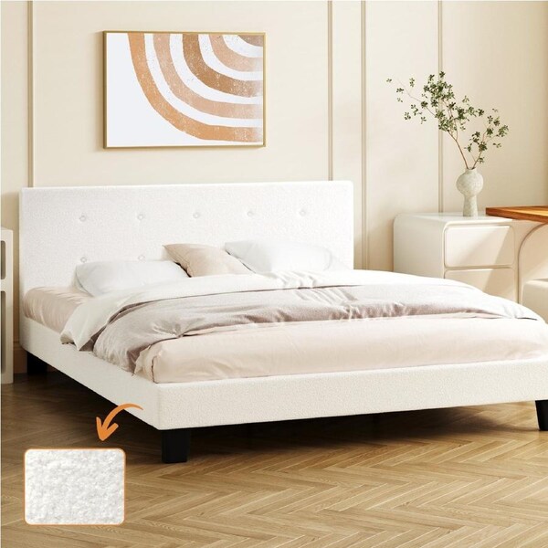 Oikiture Bed Frame Queen Double King Single Bed Platform Wooden White Boucle Queen