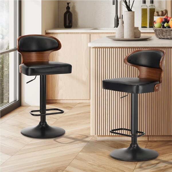 Oikiture 2x Bar Stools Swivel Kitchen Bar Chairs Gas Lift Stool Leather Black