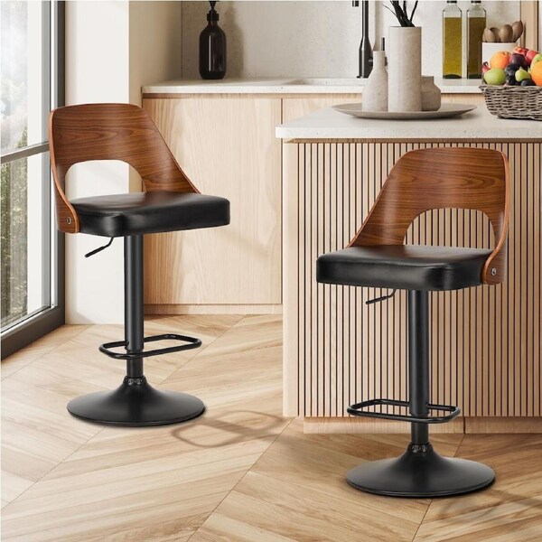 Oikiture 2x Bar Stools Swivel Counter Stool Kitchen Gas Lift Chair Leather Black