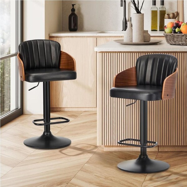Oikiture 2x Bar Stools Adjustable Counter Height Stool Swivel Leather Black