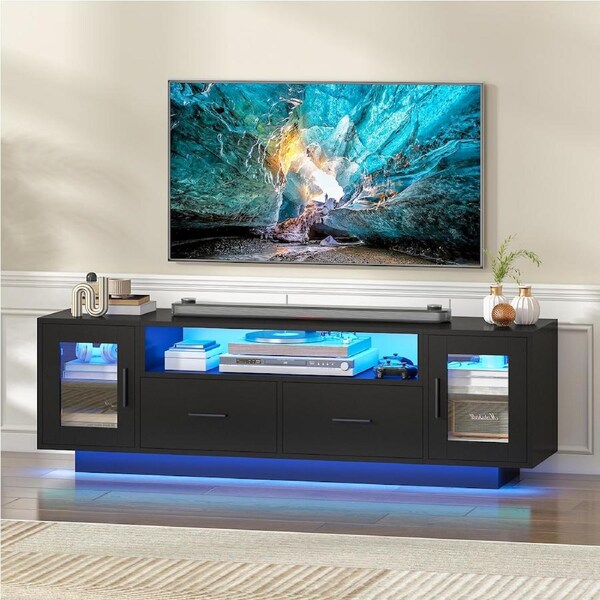Advwin 140cm LED TV Unit Entertainment TV Cabinet Stand w/ Drawers & Glass Door Black