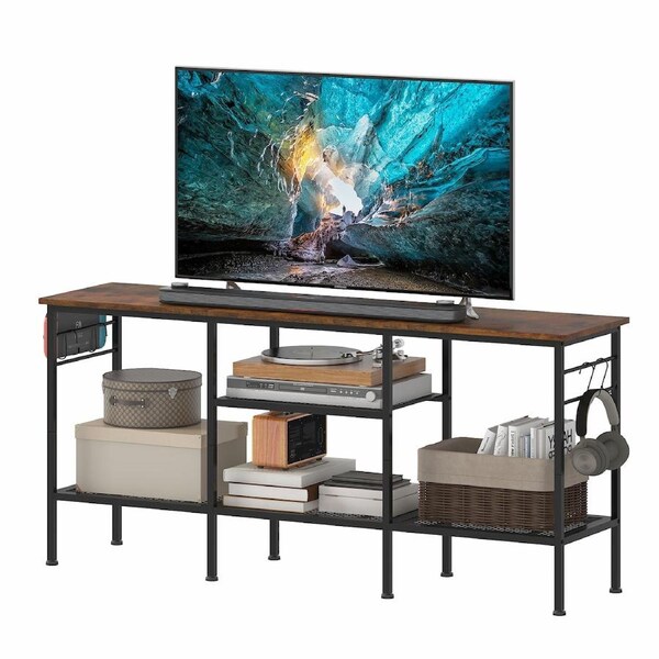 Advwin TV Unit Entertainment 120cm TV Cabinet Stand w/ Shelf & Hooks Walnut