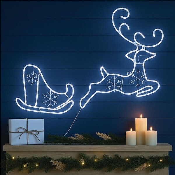 2D Flying Reindeer with Sleigh Rope Light Silhouette