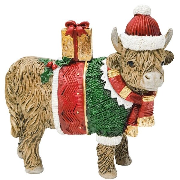 Urban Highland Cow Resin Standing Christmas Decoration 11cm Green/Natural